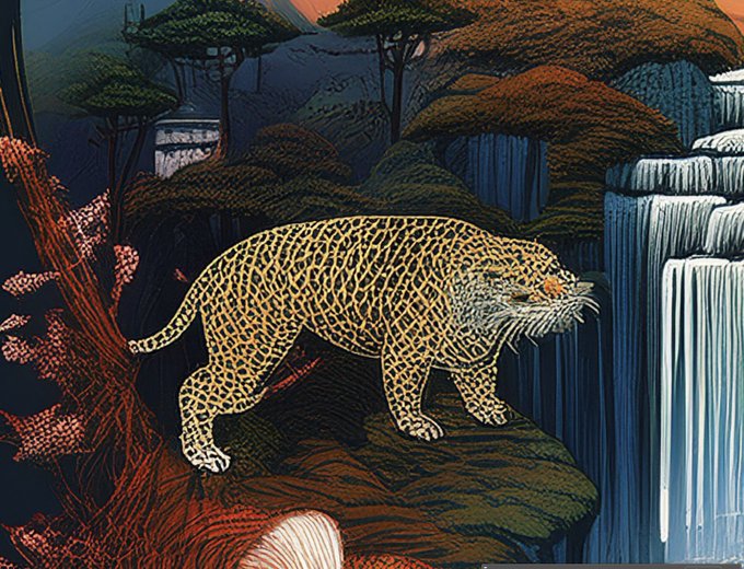 A colorful illustration depicts a leopard standing on rocks beside a cascading waterfall, surrounded by trees and foliage.