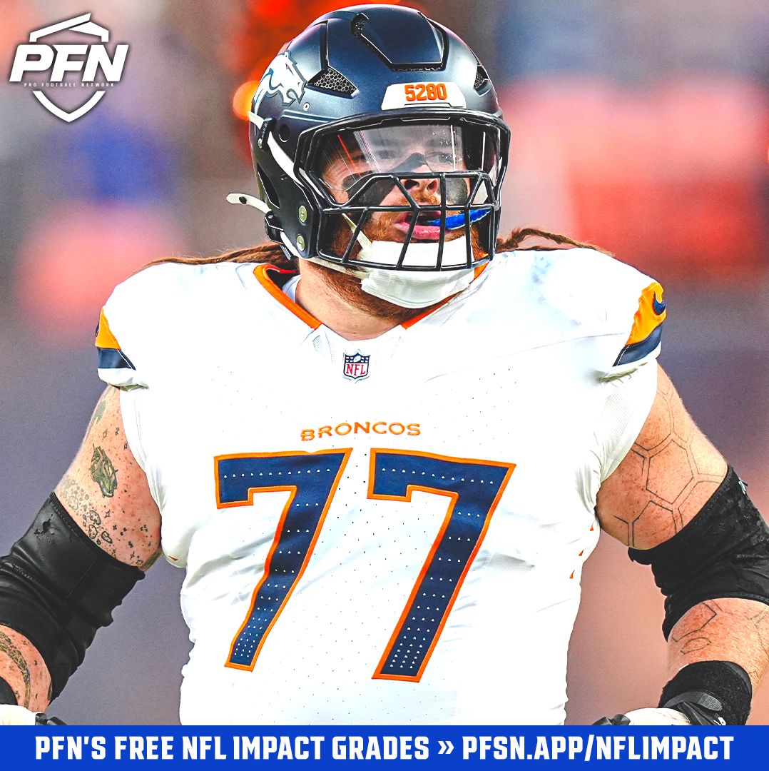 PFN365's tweet photo. Highest run-blocking grades among NFL interior offensive linemen this season, per PFN's OL Impact metric: 

🛡️ Quinn Meinerz, DEN - 93.4
🛡️ Dylan Parham, NYJ - 93.2
🛡️ Coleman Shelton, LAR - 89.6
🛡️ Jonah Jackson, CHI - 89.4
🛡️ Quenton Nelson, IND - 89.2
🛡️ Juice Scruggs, DET - 88.5
🛡️ Damien Lewis, CAR - 87.4
🛡️ Wyatt Teller, HOU - 85.9
🛡️ Luke Wattenberg, DEN - 85.9
🛡️ Steve Avila, LAR - 85.0