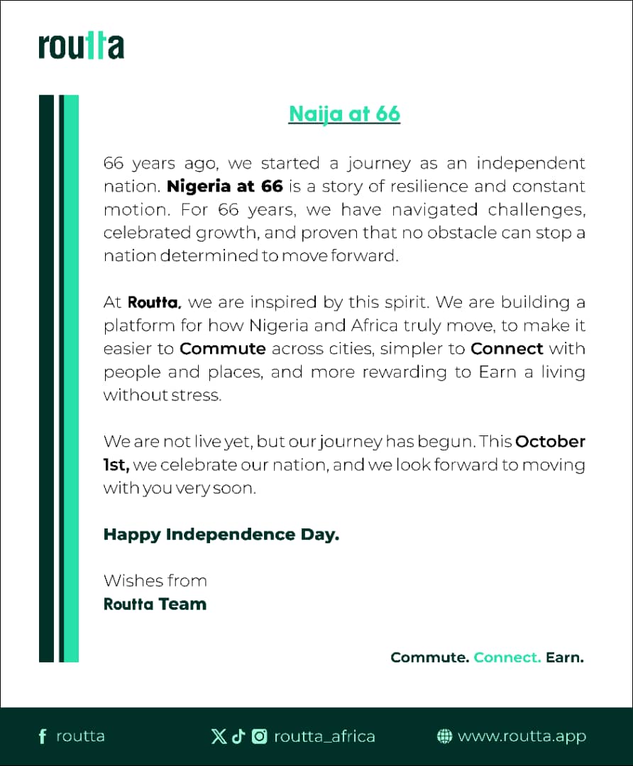 routta_africa's tweet photo. We May Speak Different Languages, But We Move As One. Happy Independence. God Bless Nigeria.
#routtaiscoming
#mobilitymadeeasy
#technigeria https://t.co/RPFd5KBHkU