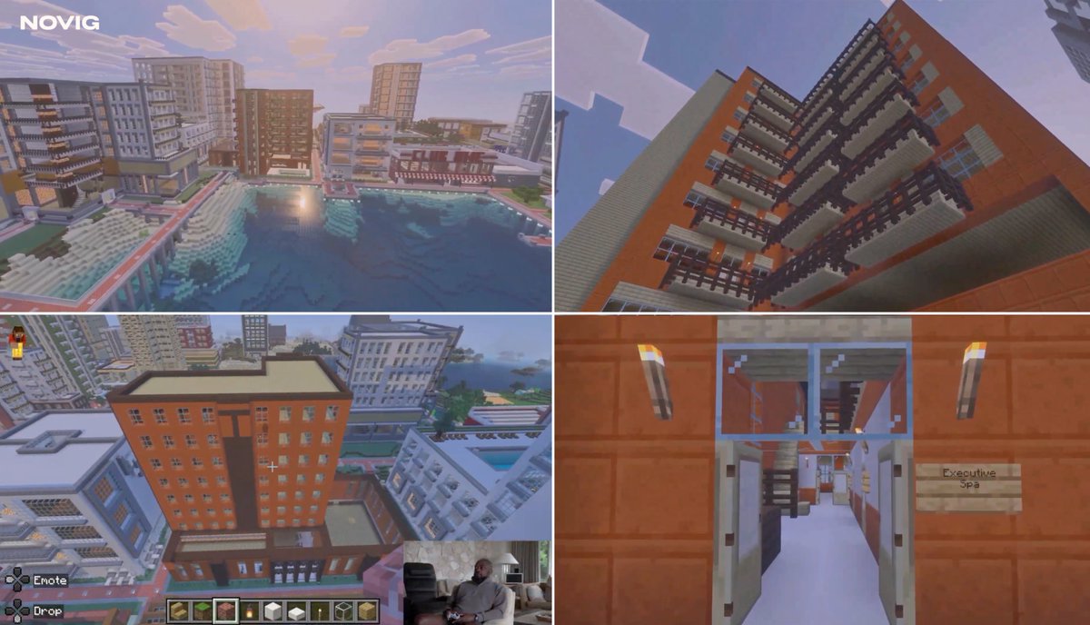 Novig's tweet photo. 🚨Former Steelers Head Coach Mike Tomlin just revealed a first look at his Minecraft World. 

▪️City built around the water
▪️1st Building: Boutique Hotel
▪️Features a luxury spa 
▪️Therapy rooms
▪️Ballroom with glass ceiling
▪️Mens and Women's restrooms 
▪️Restaurant with balcony seating
▪️Underground speakeasy