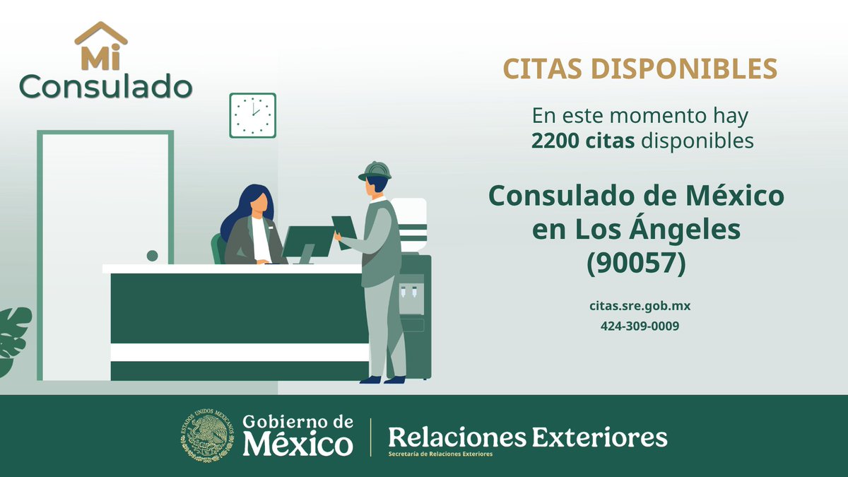 ConsulMexLan's tweet photo. En este momento hay disponibilidad de citas en el Consulado General de México en LA (90057) para acudir el lunes 5 al viernes 9 de octubre de 2026.

Programe su cita llamando o enviando un mensaje por WhatsApp al 📞 +1 424 309 0009 o visite: https://t.co/gqOq0Zm4G8 https://t.co/xZo41c9tUe