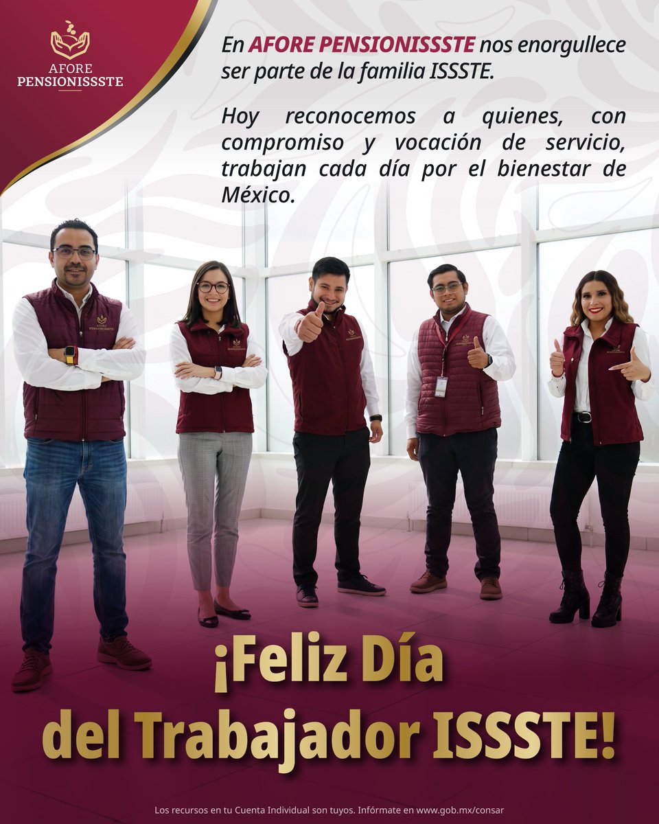 PENSIONISSSTE_'s tweet photo. ❤️ Hoy celebramos a quienes todos los días ponen el corazón en servir.

En AFORE @PENSIONISSSTE_ nos llena de orgullo ser parte de la familia @ISSSTE_mx  y compartir una misma vocación: acompañar, cuidar y trabajar por el bienestar de las personas.

A cada trabajadora y trabajador del ISSSTE, gracias por su entrega, cercanía y compromiso.

¡Feliz Día del Trabajador del ISSSTE!
