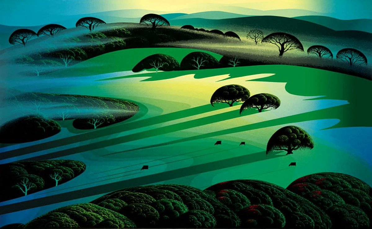 ShalomOjo_'s tweet photo. my favourite artist right now, Eyvind Earle. his paintings look like they belong in a Genndy Tartakovsky cartoon network animation but they were made in the 1970s-90s. art style is called magical realism. JUST LOOK AT THE COLOURS. https://t.co/Du68kQV6CR