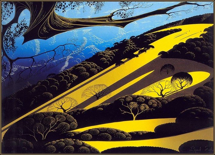 ShalomOjo_'s tweet photo. my favourite artist right now, Eyvind Earle. his paintings look like they belong in a Genndy Tartakovsky cartoon network animation but they were made in the 1970s-90s. art style is called magical realism. JUST LOOK AT THE COLOURS. https://t.co/Du68kQV6CR