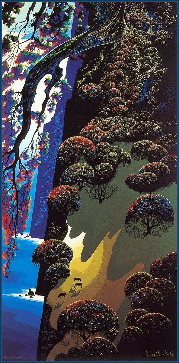 ShalomOjo_'s tweet photo. my favourite artist right now, Eyvind Earle. his paintings look like they belong in a Genndy Tartakovsky cartoon network animation but they were made in the 1970s-90s. art style is called magical realism. JUST LOOK AT THE COLOURS. https://t.co/Du68kQV6CR