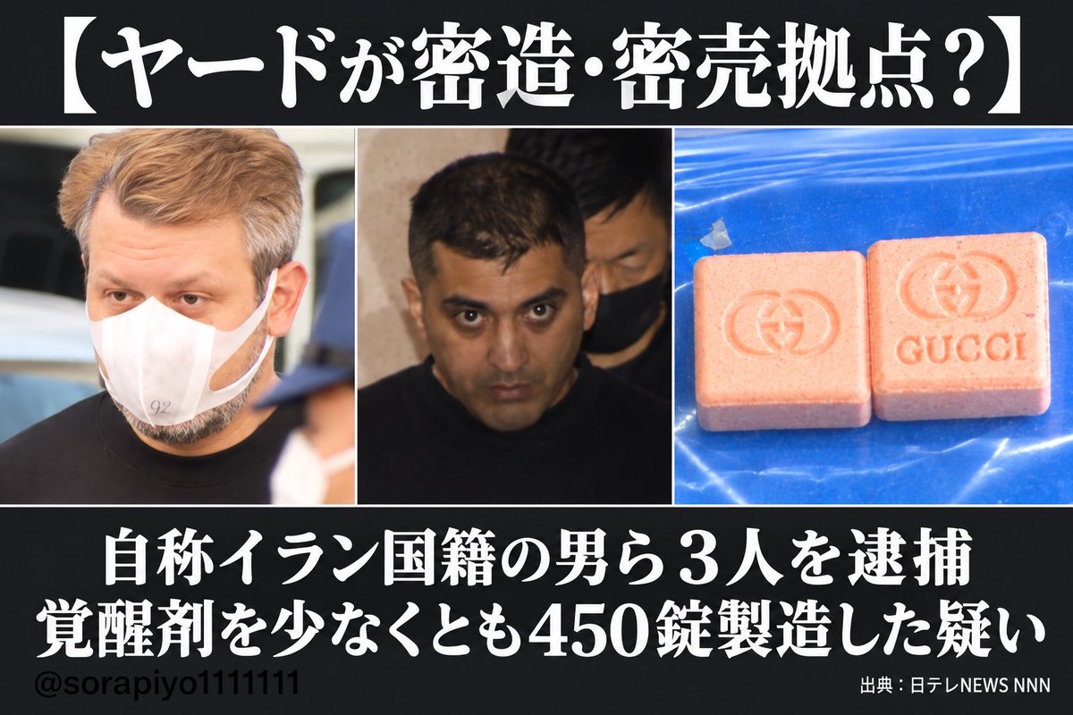 sorapiyo1111111's tweet photo. ほら！ヤード、犯罪拠点化してるやん！

⬛︎【ヤードで覚醒剤を密造か】
自称イラン国籍の男ら3人を逮捕

静岡県富士市のヤードで、営利目的で
覚醒剤450錠以上を製造した疑い。
別の関係先からは4万錠以上も発見。
警察は密造・密売の拠点とみて捜査中。

ヤードは抜き打ち調査を！
