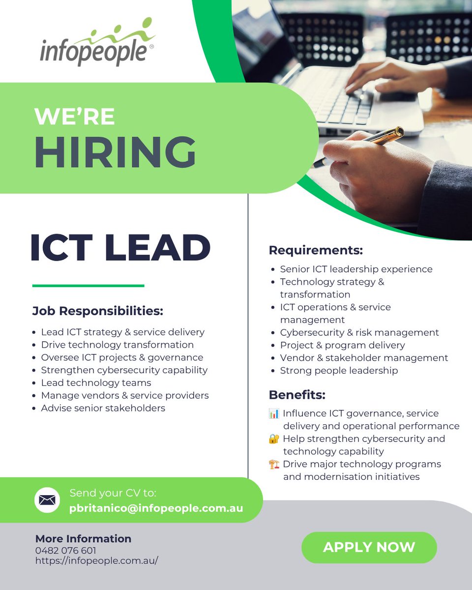 Infopeopleau's tweet photo. @Infopeopleau is #hiring! 📢📢
We are looking for a skilled 𝗜𝗖𝗧 𝗟𝗲𝗮𝗱👇
https://t.co/no58I0omMV
You may reach out to us at 0482 076 601 OR visit 𝐰𝐰𝐰.𝐢𝐧𝐟𝐨𝐩𝐞𝐨𝐩𝐥𝐞.𝐜𝐨𝐦.𝐚𝐮.
#ICTLeadership #ITLeadership #TechnologyLeadership #ICTManagement #ITTransformation https://t.co/8EH5MOtOS7