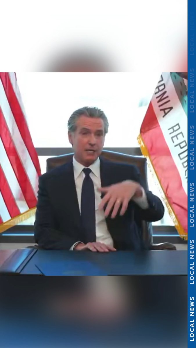 A screenshot from Local News of California Governor Gavin Newsom in a dark suit and tie gesturing while speaking, with American and California state flags visible behind him.
