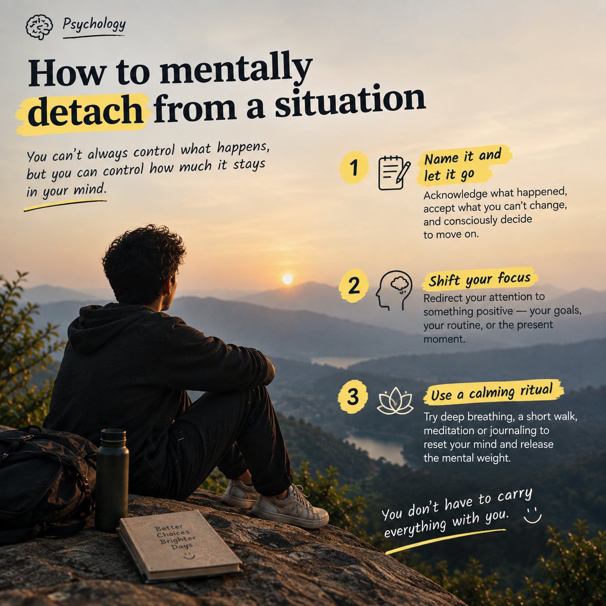 raajiiiv's tweet photo. How to mentally detach from a situation
• Accept it
You can’t change what already happened
• Shift your focus
Put your attention on what you can control today
• Let it out
Journal, walk, or meditate instead of replaying it

You don’t have to carry every situation with you https://t.co/GPTOtJLtYp