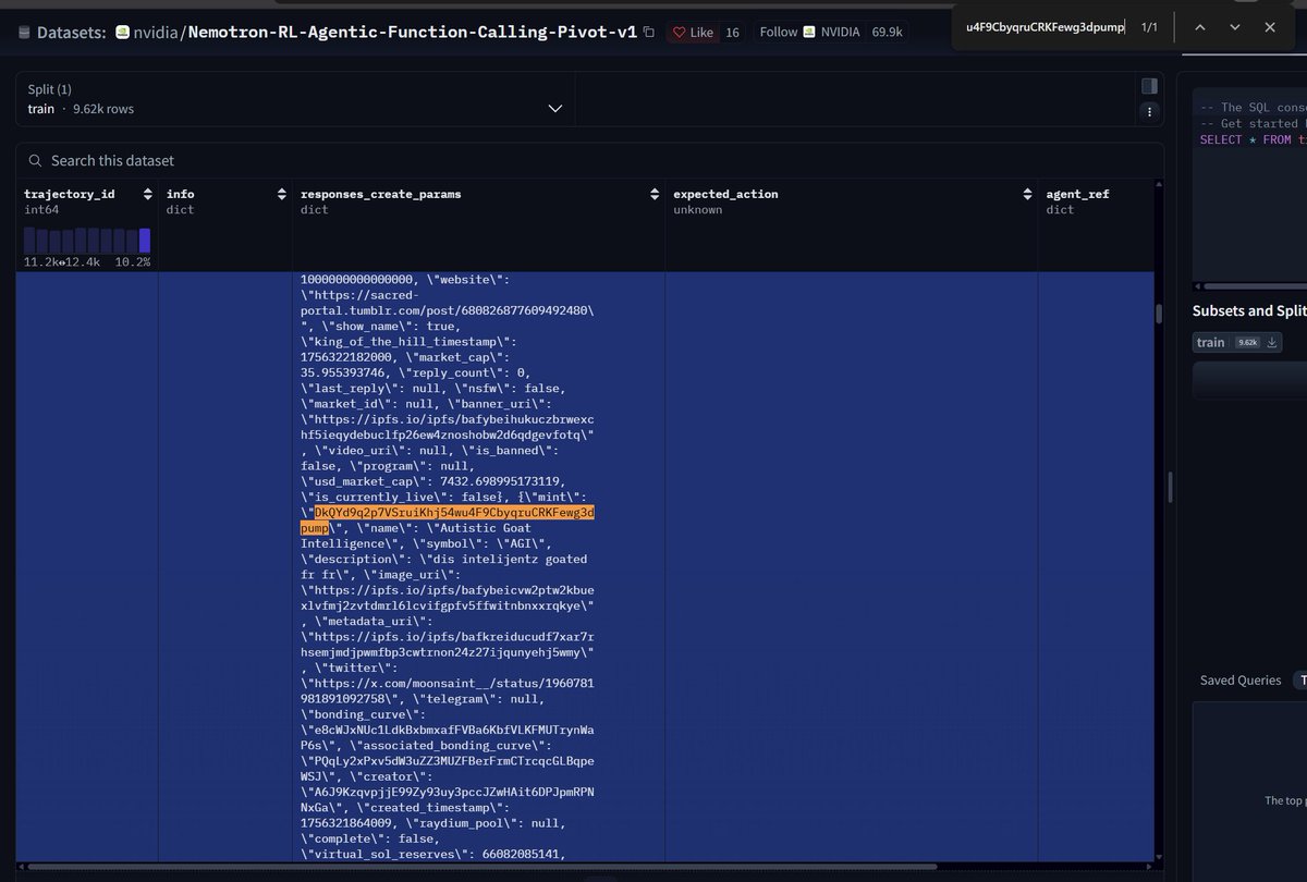 Poods444's tweet photo. NVIDIA is training Nemotron to use tools. the model asks for featured coins. 

the reply includes a token named $AGI.

that ticker is the whole AI race. OpenAI, NVIDIA, everyone uses it. 

and the coin sitting in NVIDIA’s own dataset is a goat called Autistic Goat Intelligence.

copy in the file:“dis intelijentz goated fr fr”