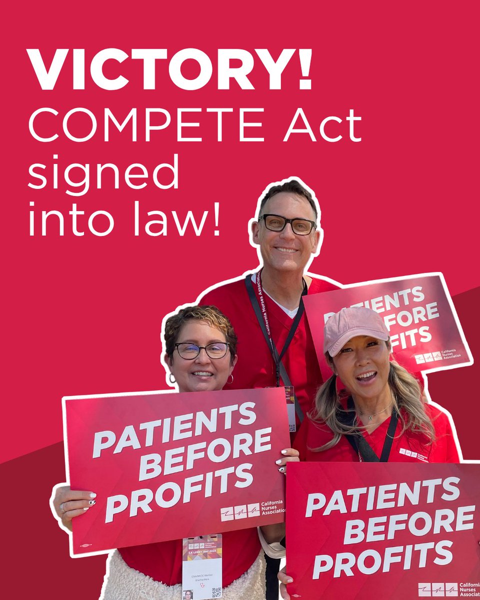 CalNurses's tweet photo. Nurses applaud @CAgovernor for signing @AsmAguiarCurry's AB 1776, the COMPETE Act! 

Huge win for our patients, who see spikes in health care costs when large hospital systems swallow smaller providers, essentially controlling available health care services for our communities. https://t.co/5TKpGIWVlZ