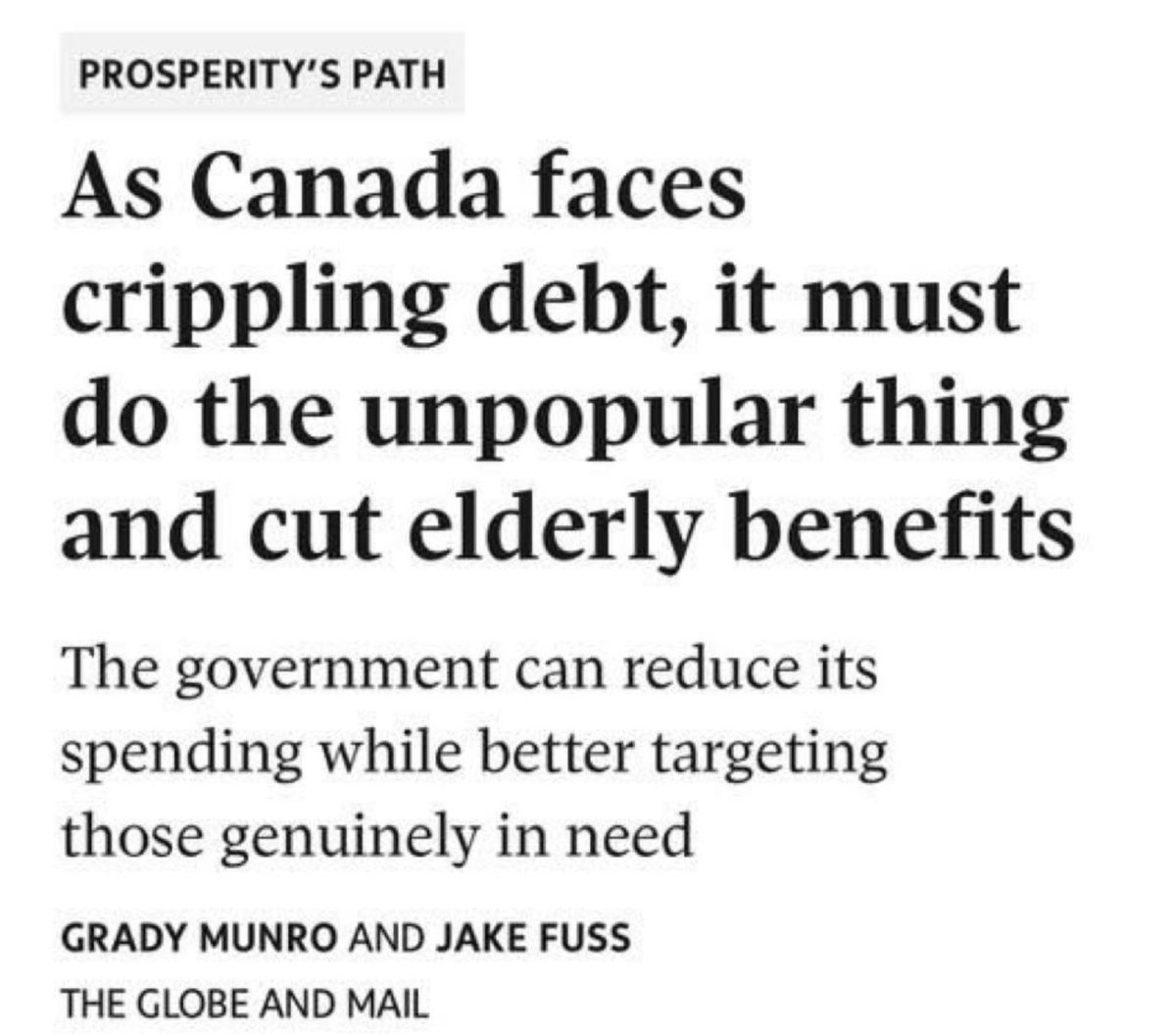 RealMattA_'s tweet photo. Imagine cutting elderly benefits as the first choice of action.

Not special interest groups.

Not foreign wars.

Not immigrant benefits.

Not government bloat.

Canadian seniors. https://t.co/olgLd6kR9x