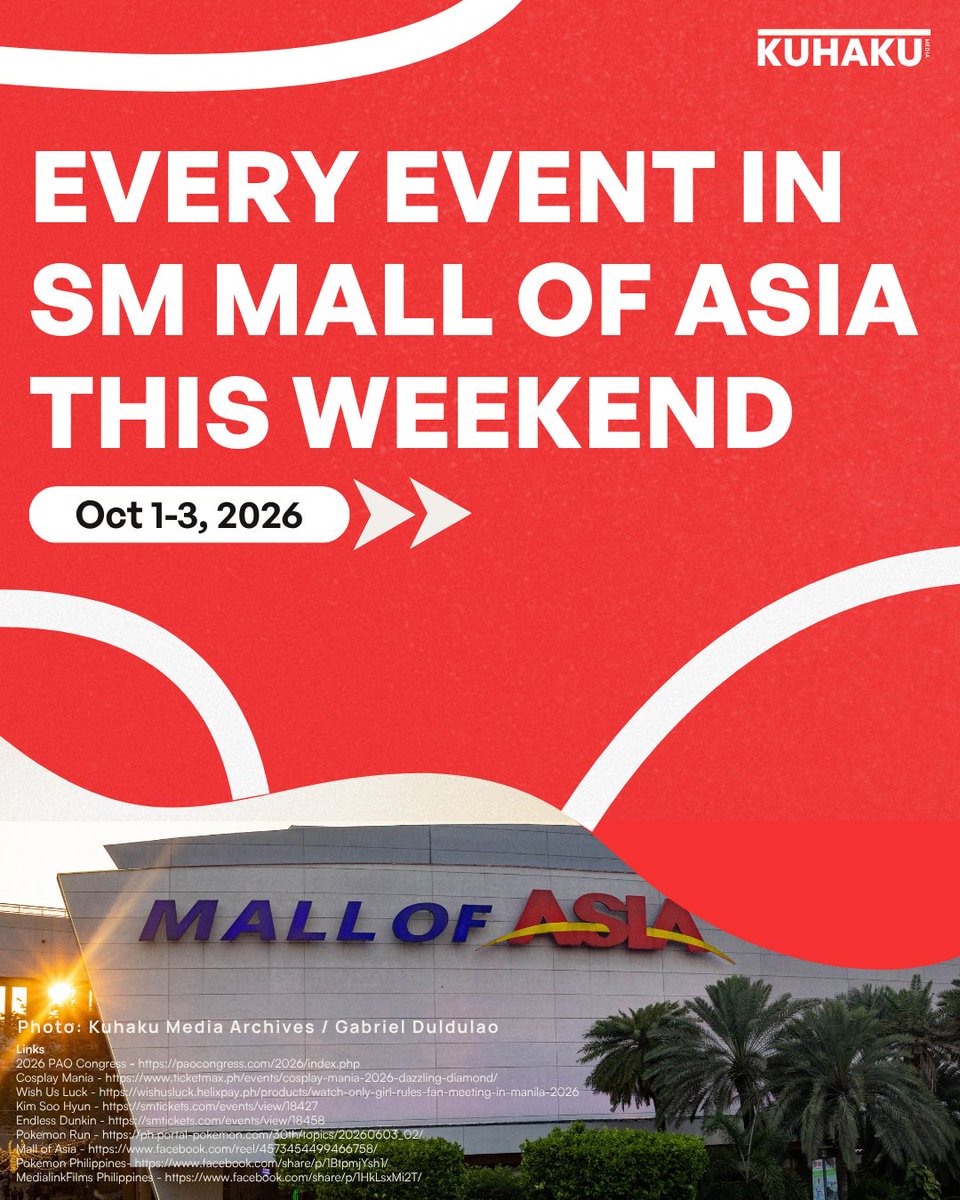 KuhakuMedia's tweet photo. Every Fandom in One Complex

Multiple Events are happening this October 1-3 from KPop Concerts, Cosplay Expos, Research Summits, and a Pokemon Run happening this weekend.

#MallofAsia #MOA #MOAEvents https://t.co/b3gnwjX71y