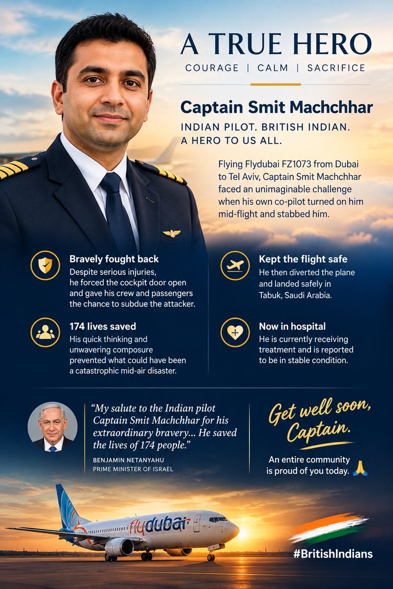 BritIndianVoice's tweet photo. Captain Smit Machchhar. An Indian pilot the world is talking about today. 🙏

Flying Flydubai FZ1073, Dubai to Tel Aviv, 174 people on board, his own co-pilot turned on him mid-flight and stabbed him.

Seriously injured, he still fought back, forced the cockpit door open, and gave his crew and passengers the chance to overpower the attacker, preventing what could have been a catastrophic mid-air disaster.

He then got the plane safely diverted and landed in Tabuk, Saudi Arabia.

Israeli PM Netanyahu himself posted: 

"My salute to the Indian pilot Captain Smit Machchhar for his extraordinary bravery... He saved the lives of 174 people."

He's now in hospital, reported in stable condition.

This is what quiet, trained composure under genuine mortal danger actually looks like. Every single person on that flight is alive because he didn't stop functioning when it mattered most.

Get well soon, Captain. An entire community is proud of you today. 🙏

#BritishIndians #CaptainSmitMachhar