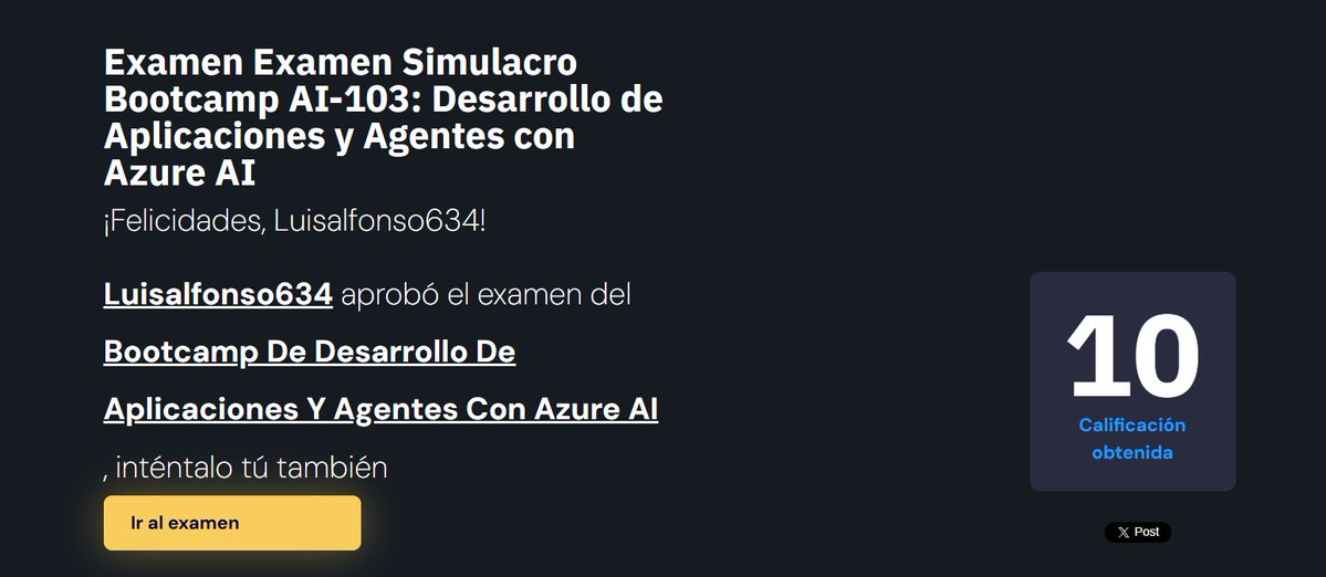 fernandez1's tweet photo. Aprobé el examen Examen Simulacro Bootcamp AI-103: Desarrollo de Aplicaciones y Agentes con Azure AI https://t.co/8pff7wCuuo https://t.co/mWxRRC4EoY