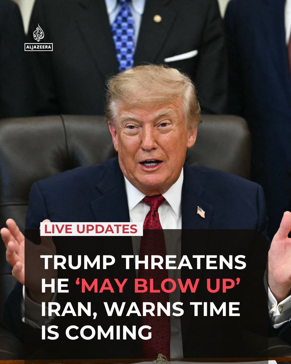 AJEnglish's tweet photo. US President Donald Trump tells reporters that the country faces a choice to either make a deal with Iran or “blow them up”.

🔴 Follow our LIVE coverage: https://t.co/ylMMmTpACZ https://t.co/cdYUdJR6hD