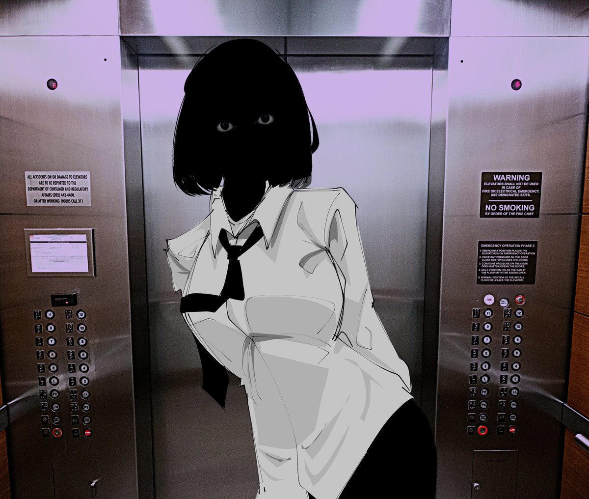 MaterTenebra's tweet photo. -The elevator made a distorted [DING], then again, louder, it repeated over and over until the doors closed harshly enough for the metal to bend slightly, while the floor counter began skyrocketing upwards.

the figure walked in at the last second and just....stared. https://t.co/jlf2wLsVeC