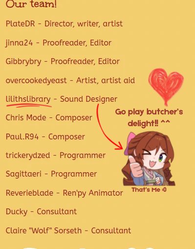 lilithslibrary's tweet photo. ANNOUNCEMENT 🎧🔊

I’m very much cheesed to announce that I’m the sound designer for butcher’s delight! ^^ The team have worked hard on this as an entry for the Spooktober Game Jam so we hope you’ll enjoy and play this!!

Thank you @PlateDR_ for letting me on the team :D https://t.co/W3YlNuWbI7