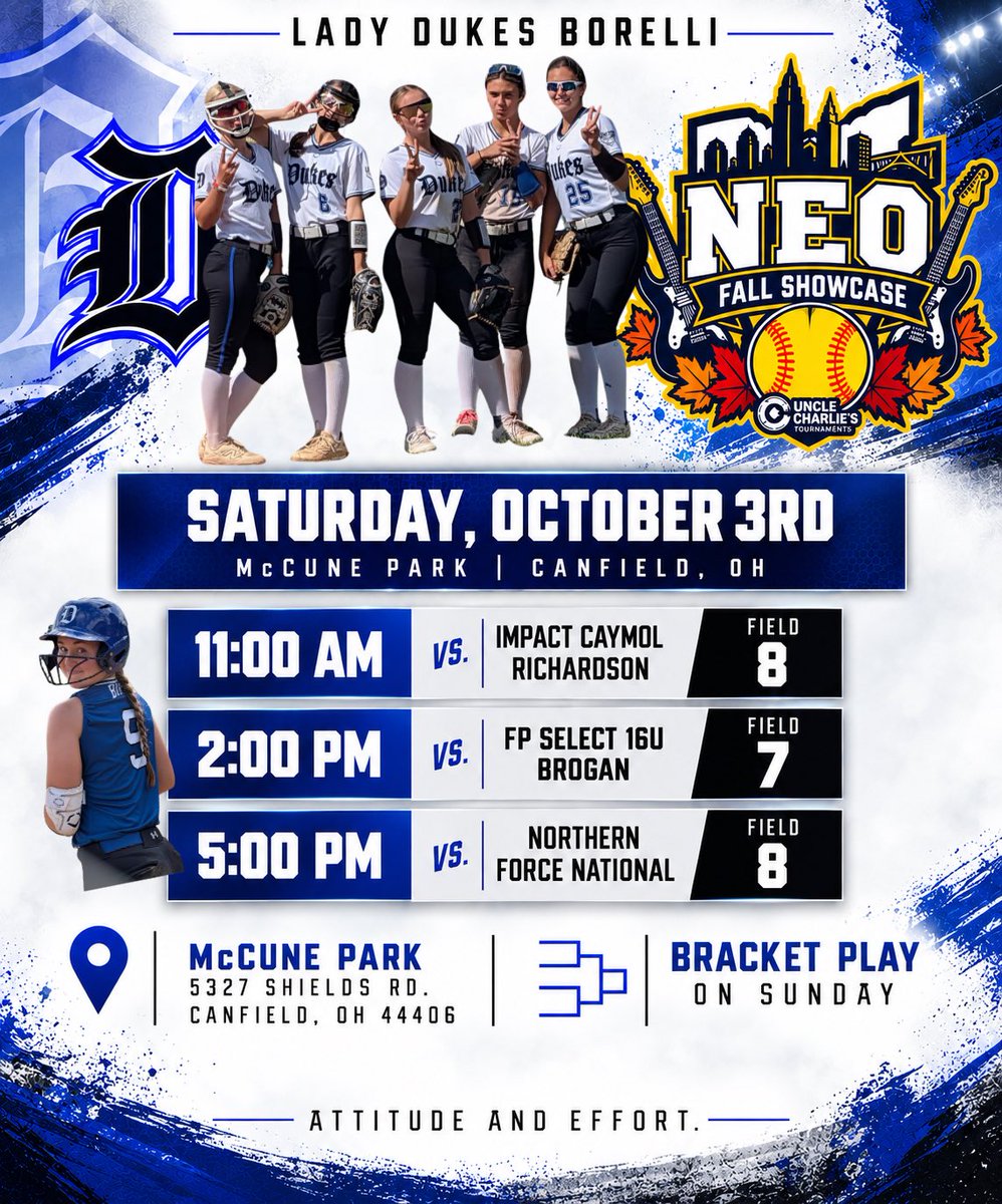 LDBorelli's tweet photo. Weekend plans: Canfield, Ohio. 💙🥎

The Lady Dukes Borelli are headed to the NEO Fall Showcase this weekend and ready for another great weekend of softball!

We’ll take the field for three games Saturday, followed by bracket play on Sunday. Plenty of opportunities to compete, get better, and do what this group does best — play for each other. 💪

New weekend. New competition. Same expectations.

💙 ATTITUDE & EFFORT.
Let’s go, Dukes! 🥎🔥

#LadyDukesBorelli #NEOFallShowcase #AttitudeAndEffort #LadyDukesSoftball