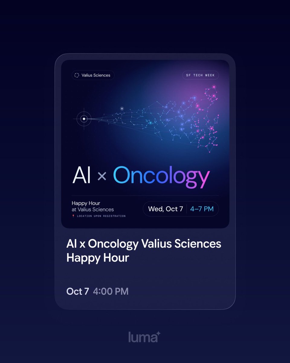 aliciaddsouza's tweet photo. Come hang out at the @Valius_Sciences AI x  Oncology happy hour next week! 
 https://t.co/OLC8XgWG1K https://t.co/ij7L5dgYfG
