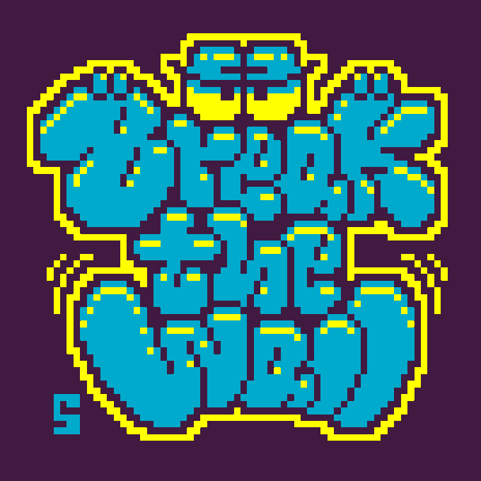 A pixel art illustration shows a yellow and teal frog wearing sunglasses, with smaller frog faces surrounding it on a dark purple background.