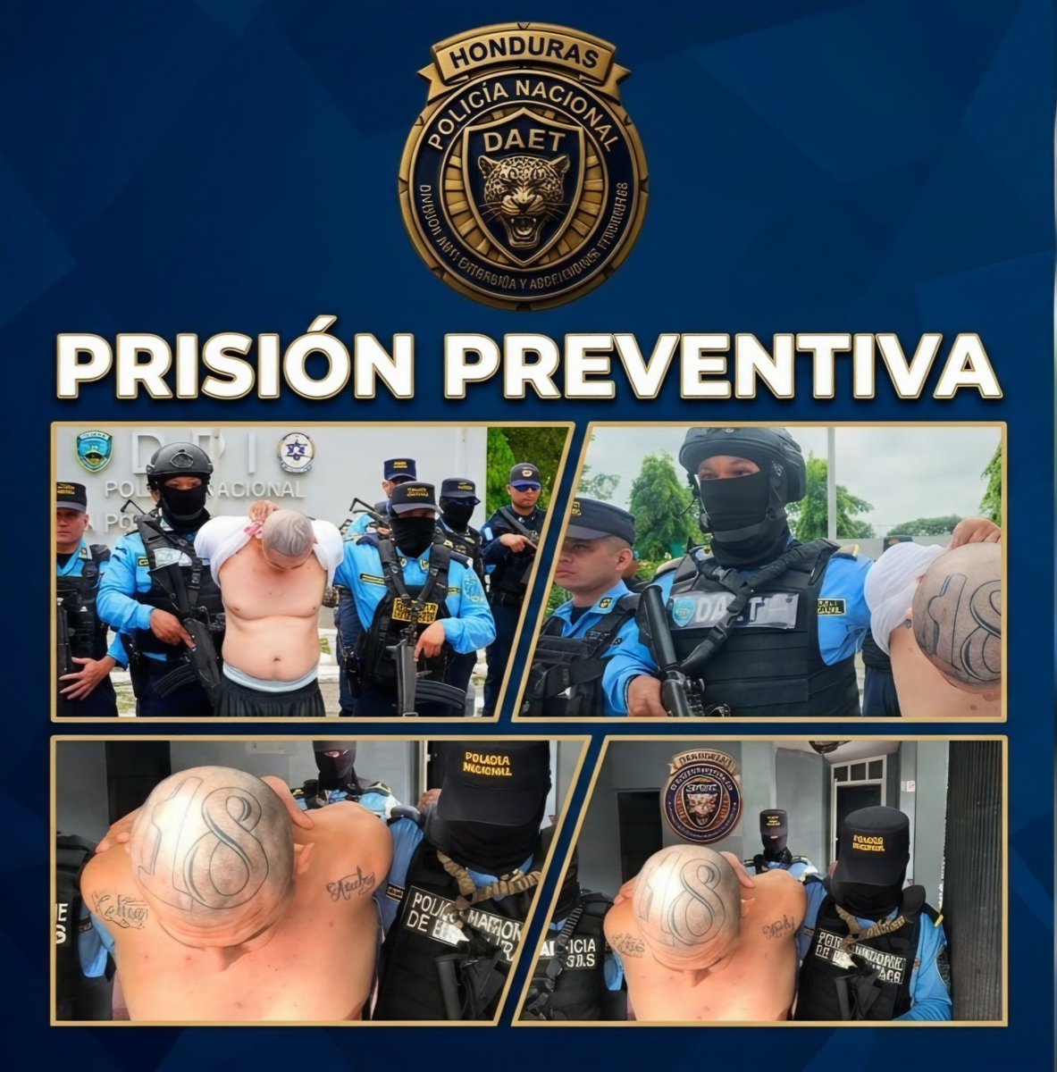 HNDaet's tweet photo. Dictan prisión preventiva contra alias "Chele Colombia", peligroso terrorista de la Pandilla 18 capturado por #DAET en La Lima, Cortés.

El imputado enfrentará proceso penal por asociación terrorista, tráfico de drogas y portación de armas de uso prohibido. https://t.co/onvzI3fhlM