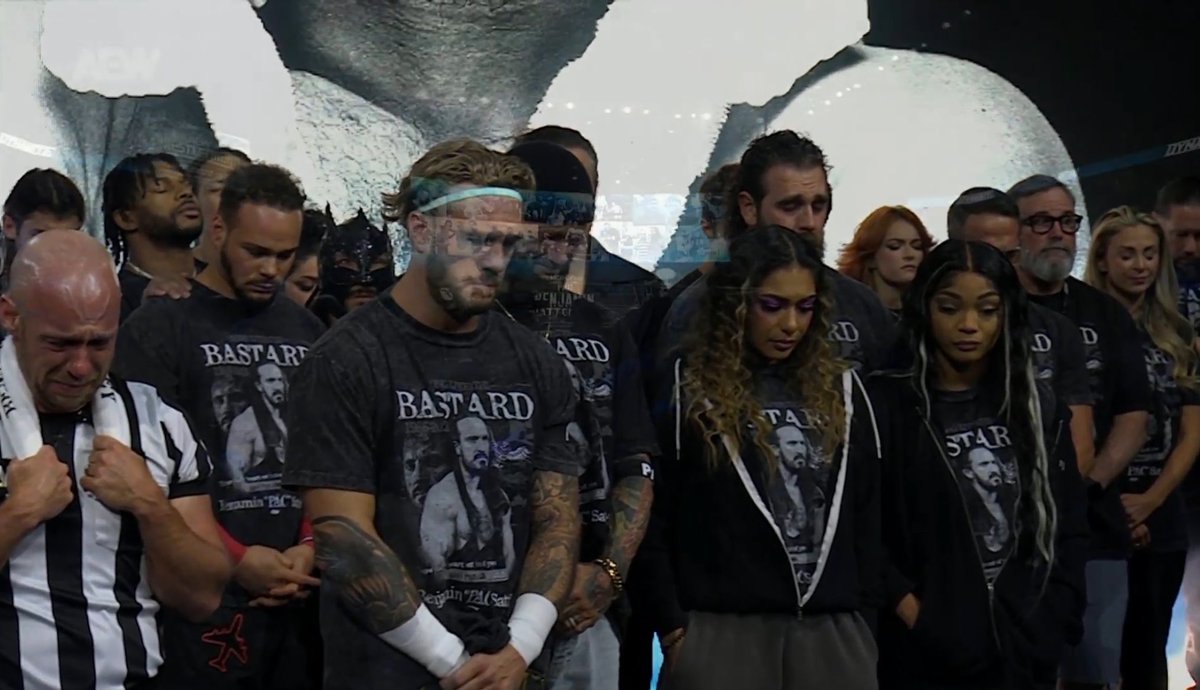 RebelyesDRK94's tweet photo. Everyone looks emotional #AEWDynamite #TributeToPac #DeathRiders https://t.co/tPOUQ7otRG