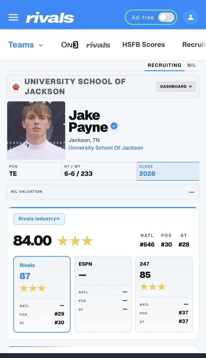 JakePayne1433's tweet photo. Blessed to be ranked a 3 ⭐️ and a top 30 TE in the country by @Rivals. A-lot more work to be done. @CharlesPower @CodyBellaire @ChadSimmons_ @SWiltfong_ @adamgorney @samspiegs @AllenTrieu @BrandonHuffman @GregBiggins https://t.co/hICku1DvYA