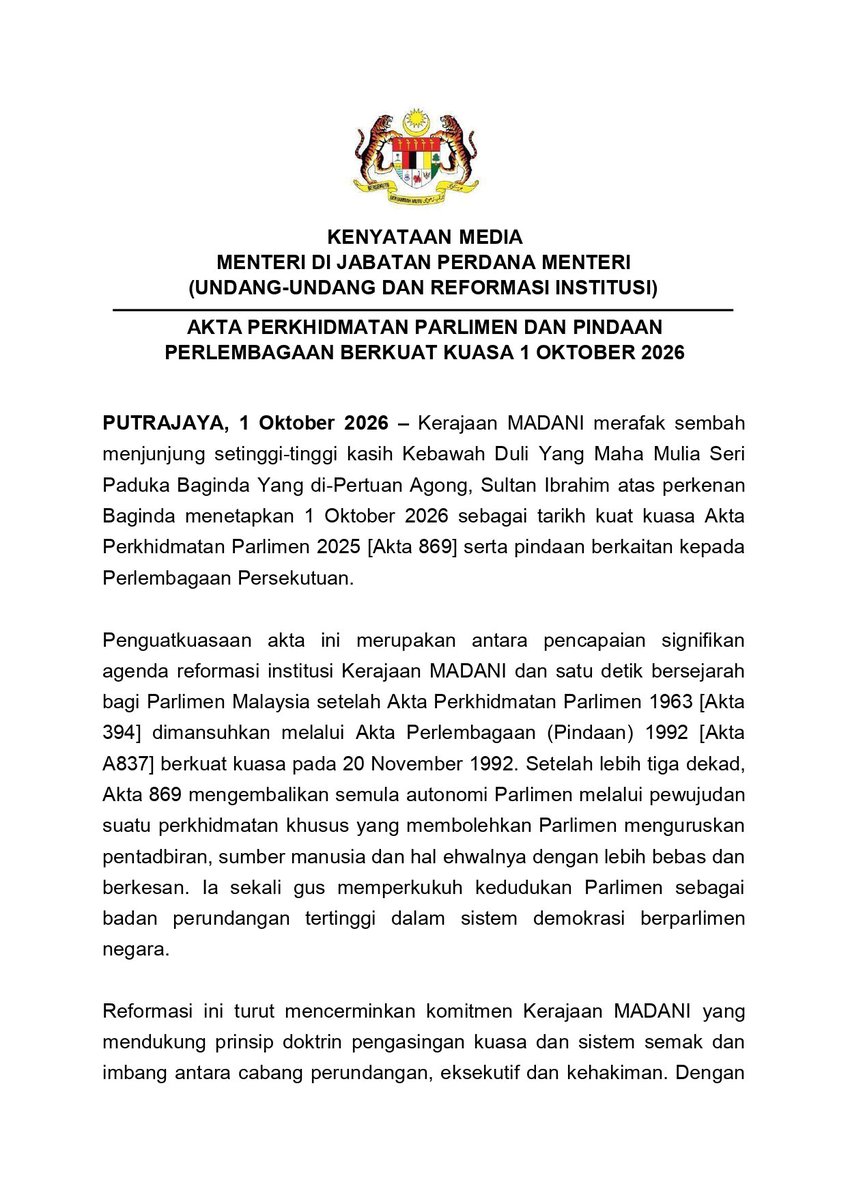bheuu_jpm's tweet photo. KENYATAAN MEDIA

AKTA PERKHIDMATAN PARLIMEN DAN PINDAAN PERLEMBAGAAN BERKUAT KUASA 1 OKTOBER 2026

1 Oktober 2026

#BHEUU
#JabatanPerdanaMenteri
#MADANIBekerja https://t.co/URuyxAlv5k
