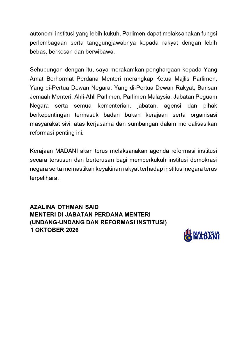 bheuu_jpm's tweet photo. KENYATAAN MEDIA

AKTA PERKHIDMATAN PARLIMEN DAN PINDAAN PERLEMBAGAAN BERKUAT KUASA 1 OKTOBER 2026

1 Oktober 2026

#BHEUU
#JabatanPerdanaMenteri
#MADANIBekerja https://t.co/URuyxAlv5k