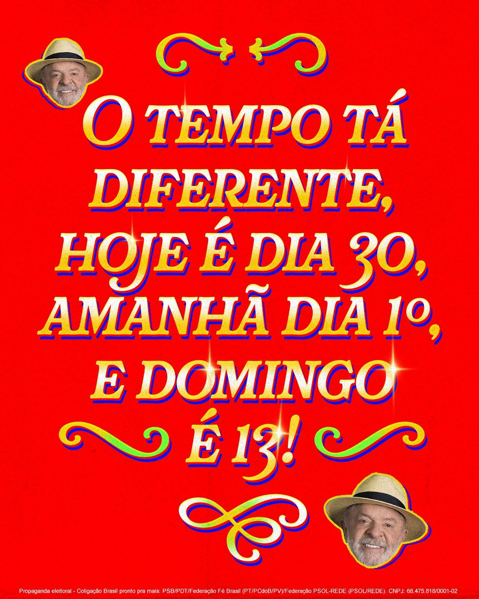 lulaverso's tweet photo. Ajusta o relógio, prepara a energia e vem na sequência: hoje é 30, amanhã é 1, e domingo é 13! ⭐️ https://t.co/3fGAHw3n5r