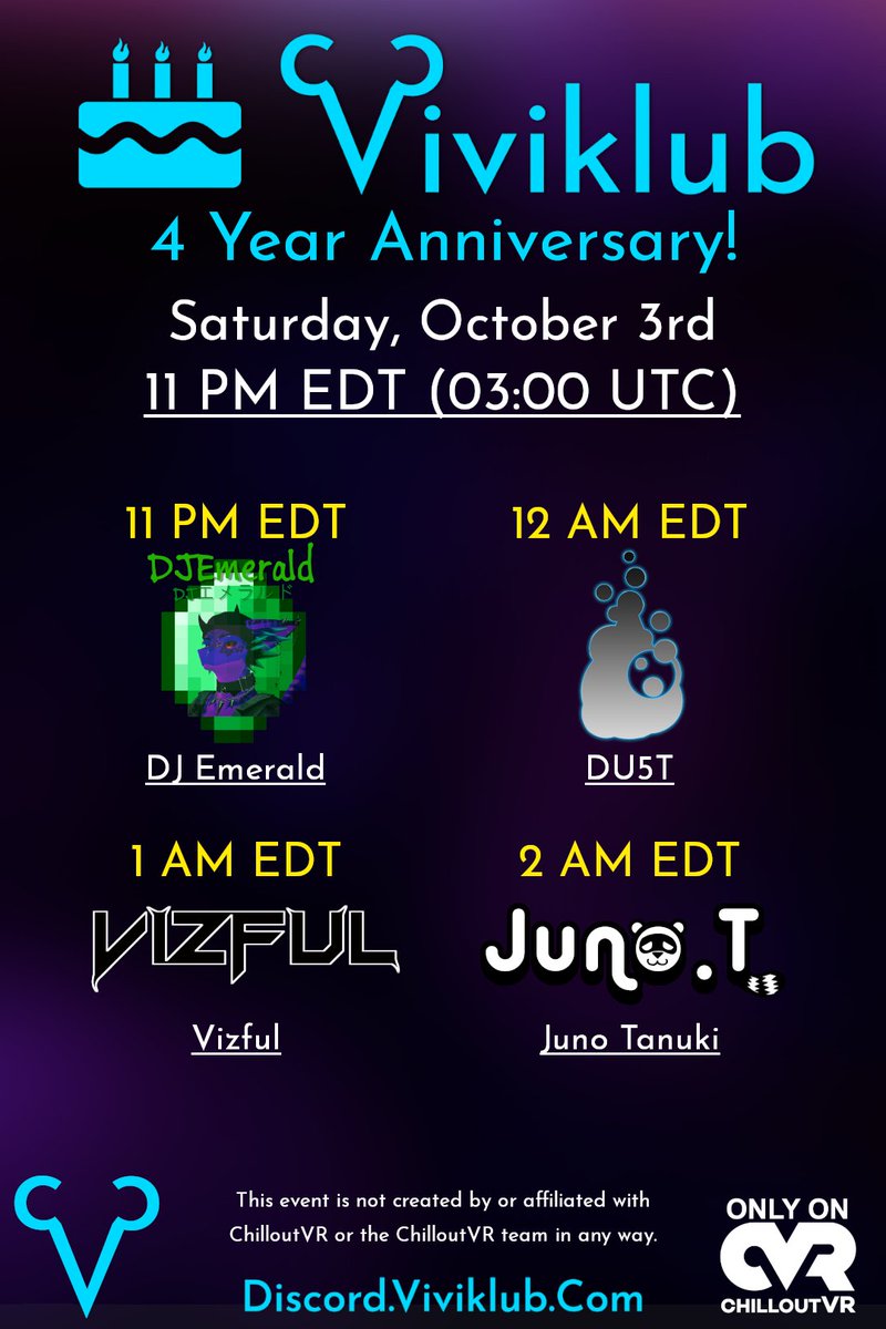 viviklub's tweet photo. Celebrating 4 Years of the @Viviklub on @ChilloutVR

Saturday, October 3rd @ 11 PM East US (Oct 4th, 03:00 UTC)

Lineup in the Poster Below, Hope to see you there! #ChilloutVR #Viviklub https://t.co/gAnDqc8rlz