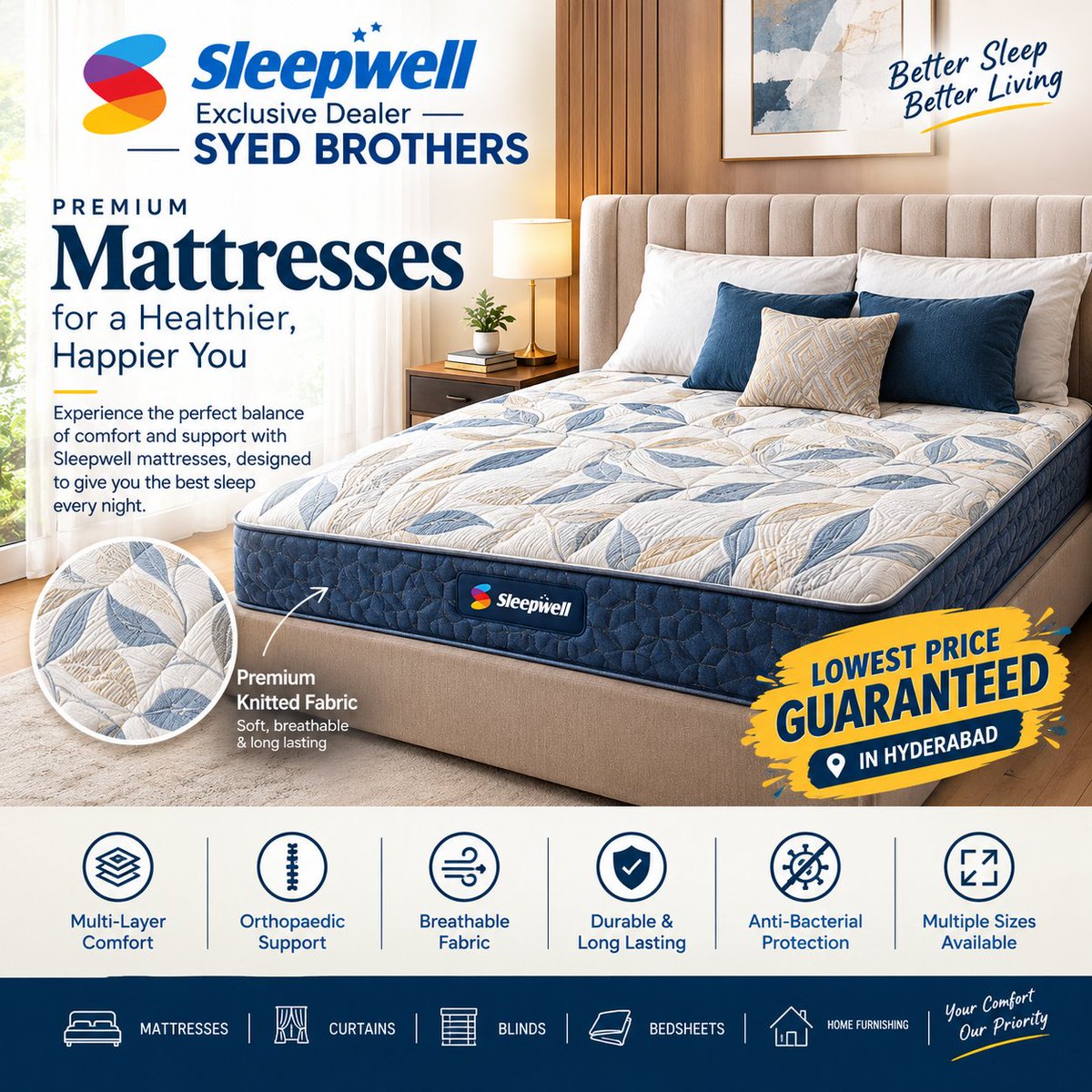 sdcreationhf's tweet photo. 🛏️ Perfect Rest Mattress

Comfortable support for everyday sleep, available in multi sizes at Sleepwell Exclusive Dealer Syed Brothers.

💰 Lowest Price Guaranteed in Hyderabad
📞 8522986335
📍 Chandrayangutta,Hyd
 #DuroflexMattress #PerfectRest #MattressHyderabad #syedbrothers https://t.co/A7cQ5VYWjS