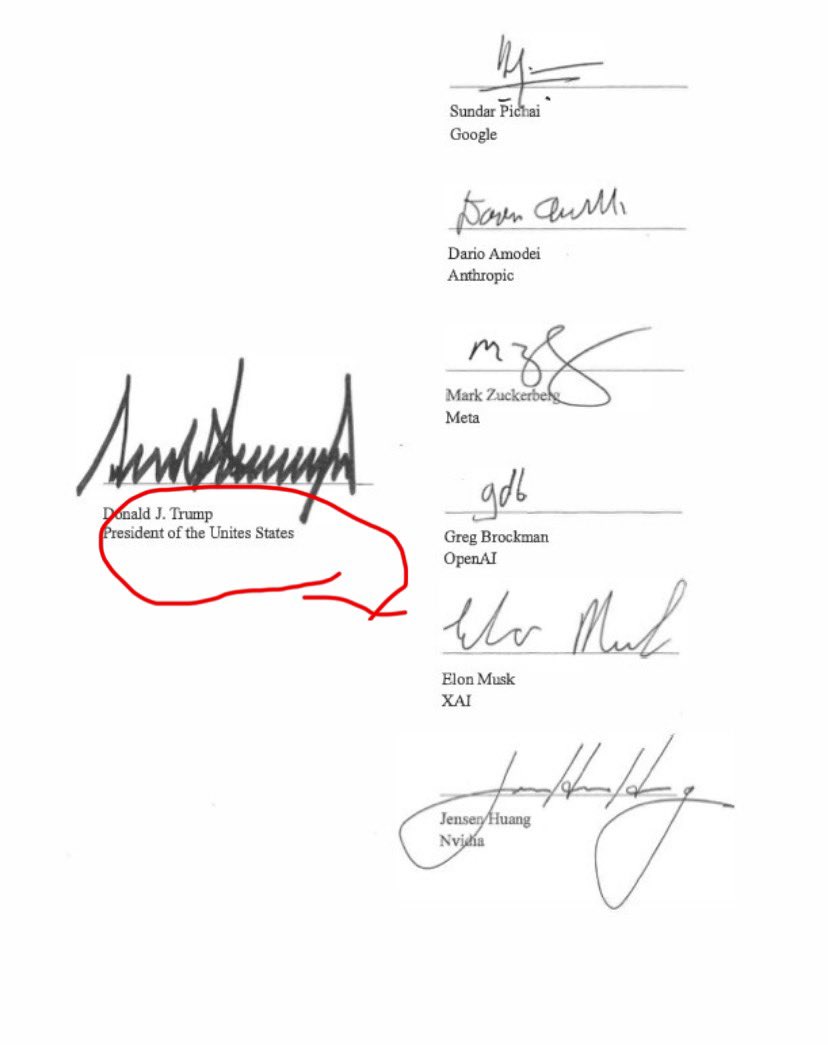 RobertCStern's tweet photo. So they really do need Superior Intelligence at the White House these days. They screw up the typed signature line spelling states wrong for the self Proclaimed AI safety. 

This is why the so called leader truly is Stupid. https://t.co/GbTmlpXWZy
