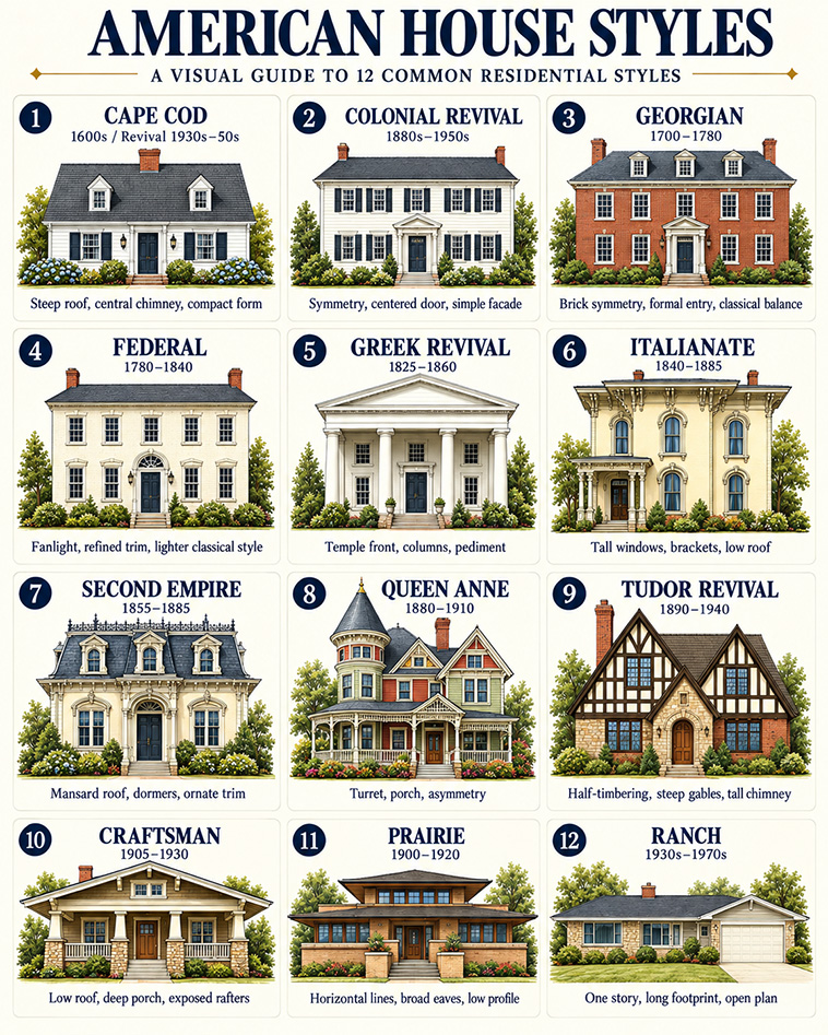 archpng's tweet photo. Which American house style would you choose to live in?

From the steep roofs of Cape Cod homes and the symmetry of Colonial Revival and Georgian houses to the deep porches of Craftsman homes and the strong horizontal lines of Prairie architecture, each style has its own defining features.

This visual guide compares 12 common American house styles and the architectural details that set them apart.