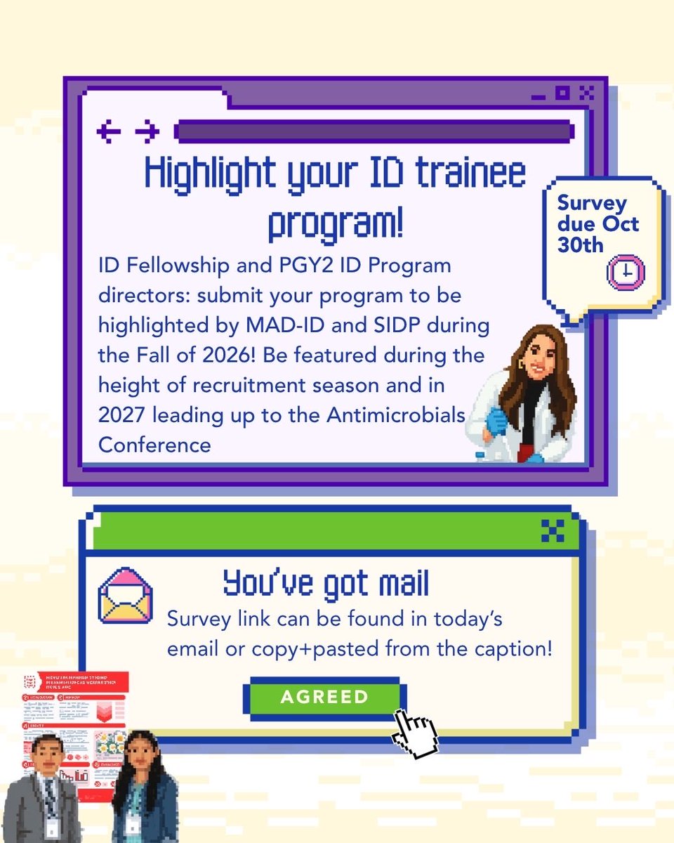 SIDPharm's tweet photo. 📢 Calling all program directors! Have a great program to highlight? Use the link (also in today's email) to submit info about your program to be featured during recruitment szn and leading up to Antimicrobials 2027 - 🔗 https://t.co/9CRIK6QV01
Survey closes October 30th! https://t.co/B0mSJWbBf5
