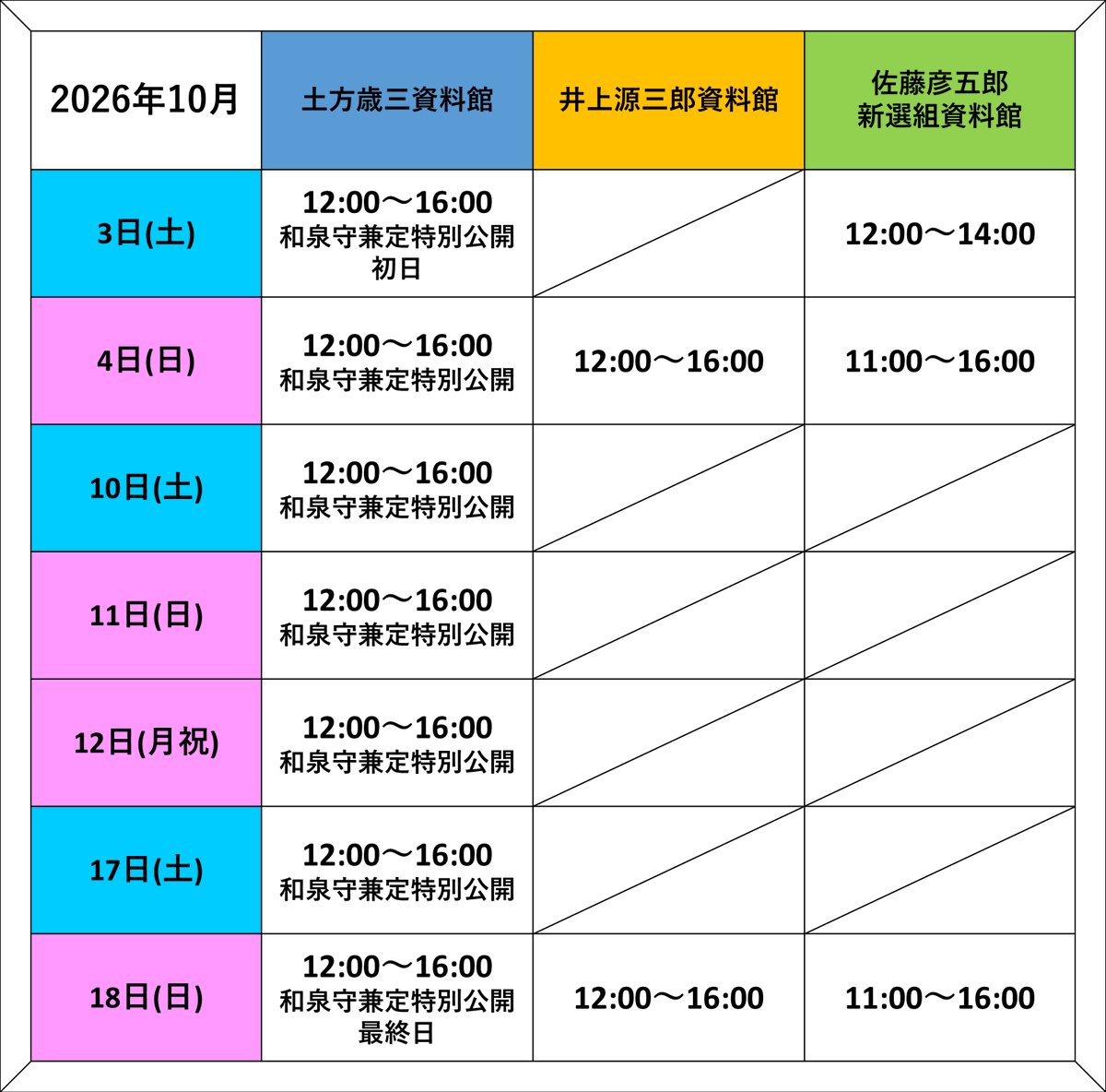 hinonavi's tweet photo. #土方歳三資料館 、 #井上源三郎資料館 、 #佐藤彦五郎新選組資料館 2026年10月の開館日です✏️

⚠️やむを得ず変更となる場合がありますので、ご来館の前に今一度各資料館公式サイトや公式SNS等をご確認ください

詳しくは日野市観光協会HP☟
https://t.co/y2K7ailImv https://t.co/AAQBeMIoeP
