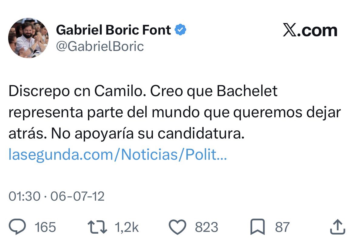 JConchac's tweet photo. Muchos hemos sido muy críticos con las políticas de la ex Presidenta Bachelet, pero alguien que batió récords en criticarla es usted mismo Presidente Boric, un poco de pudor no viene mal, con respeto se lo digo… https://t.co/KMqI7eoCGs