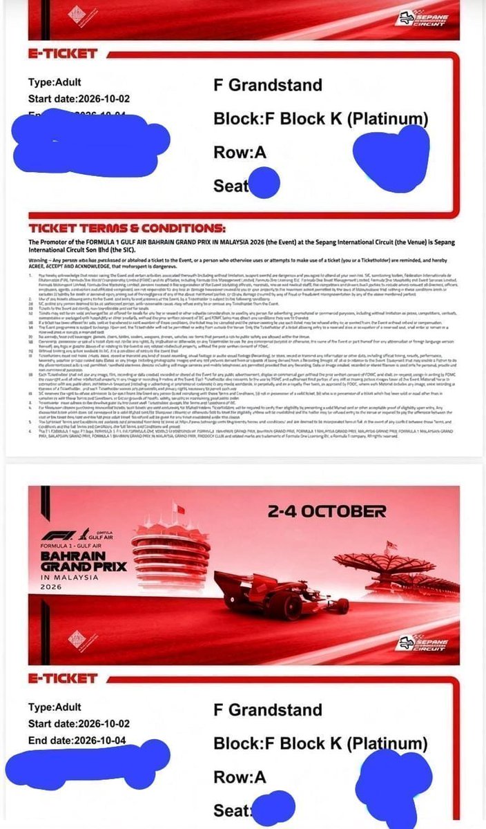 jasmin_ppqq's tweet photo. 🏁 WTS | F1 Bahrain Grand Prix in Malaysia 2026 🇲🇾

Letting go 
2 F Grandstand
Block F, 
Block K (Platinum)
📅 2–4 Oct
🎟️ Row A
       Seats 15/16

Serious buyers plz

#F1Malaysia #BahrainGP #F1 #Formula1 #SepangCircuit #F1Tickets #MalaysianGP #WTS #TicketSale #Formula1Malaysia https://t.co/Ut2atlujr0