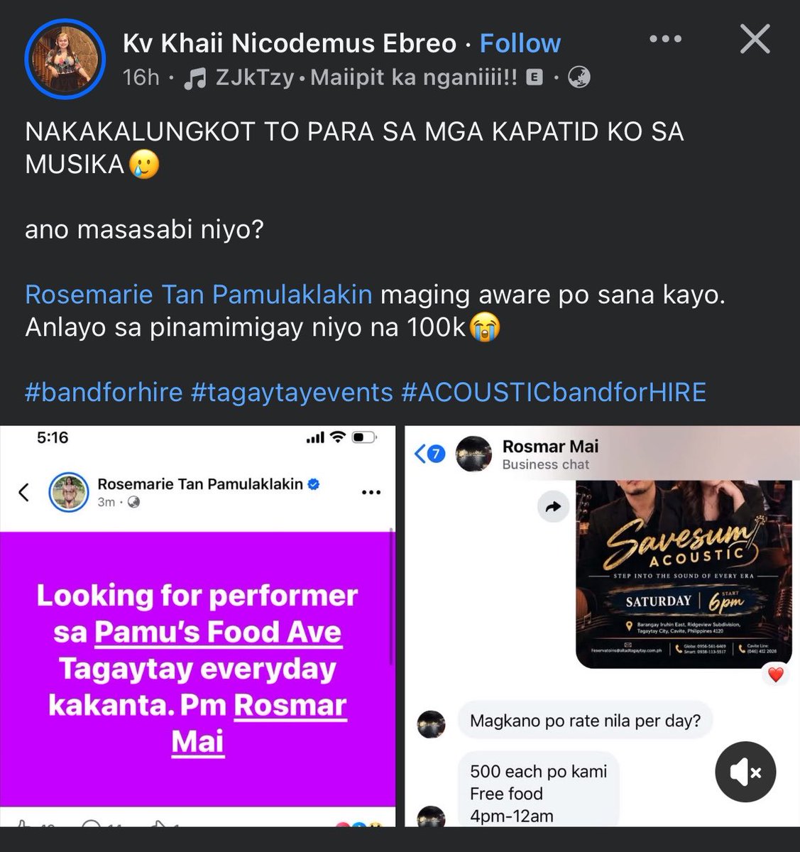 carliyeigh's tweet photo. Rosmar, ₱500 + free food lang ang offer per artist para sa 8 oras na tugtugan (4pm-12am)? Daming flex na kayamanan sa social media, pero kapag sa tunay na trabaho at talent ng local performers, ganyan kababa? 😩 https://t.co/AYIufFW4Co