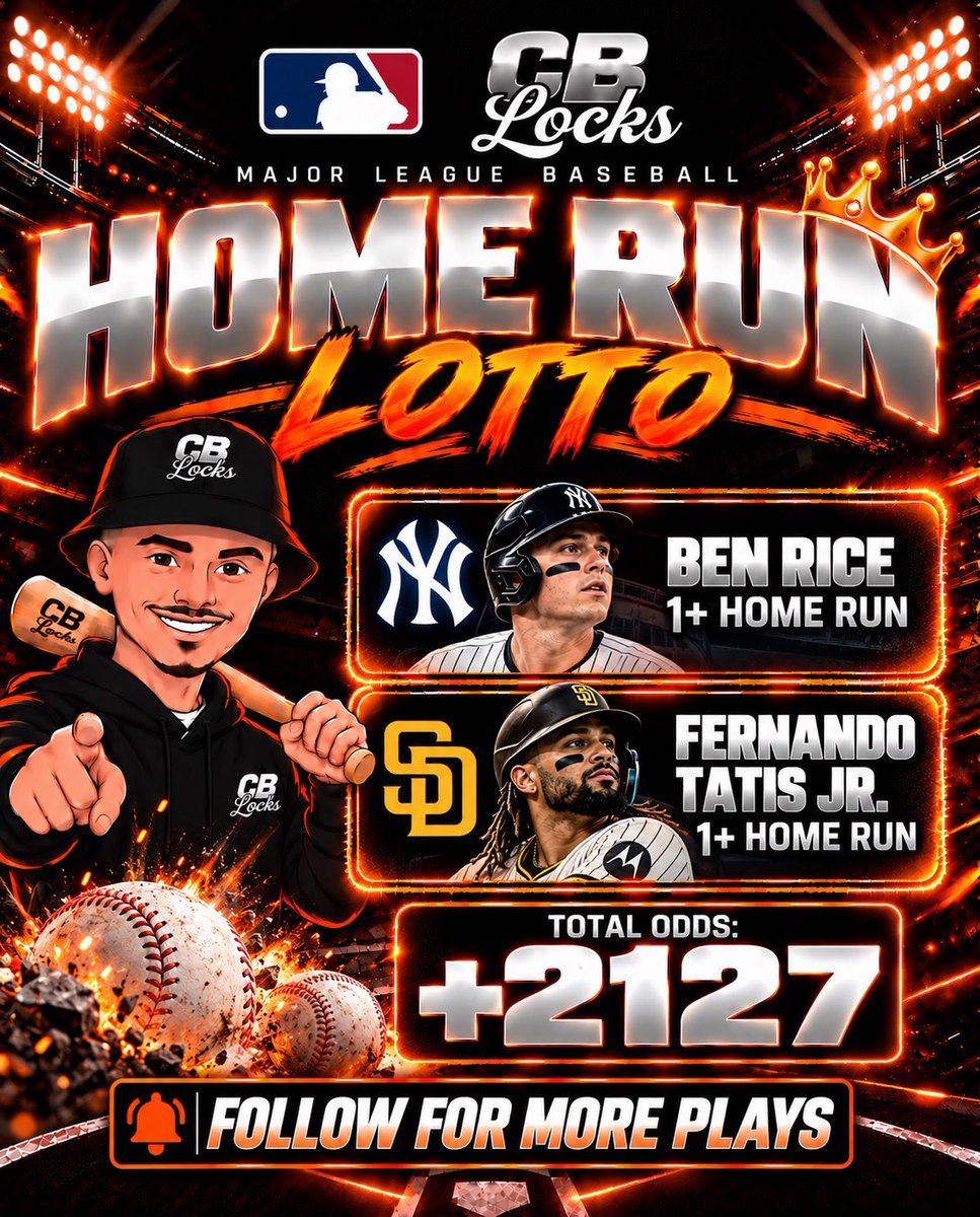 CBLocksss's tweet photo. 🚀 MLB HOME RUN LOTTO (+2127)

• Ben Rice 1+ Home Run
• Fernando Tatis Jr. 1+ Home Run https://t.co/afSoS4RTQF