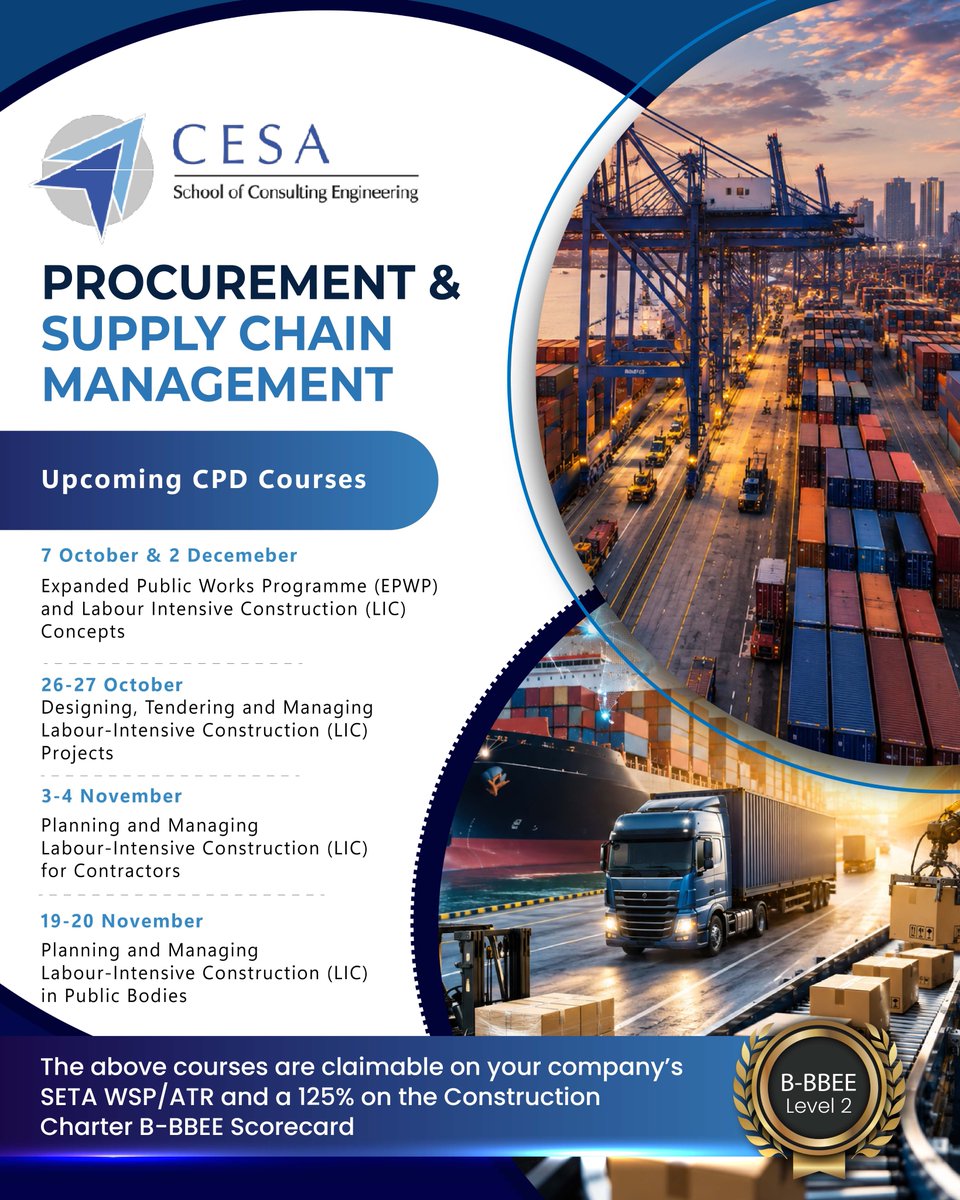 CESA_SCE's tweet photo. Whether you work in consulting engineering, contracting or the public sector, the ability to plan &amp; manage Labour-Intensive Construction projects can help you deliver infrastructure that is technically sound.

Sign up today: 
https://t.co/m8yLh4stPt

#SupplyChainManagement https://t.co/sLyvs6yvyN