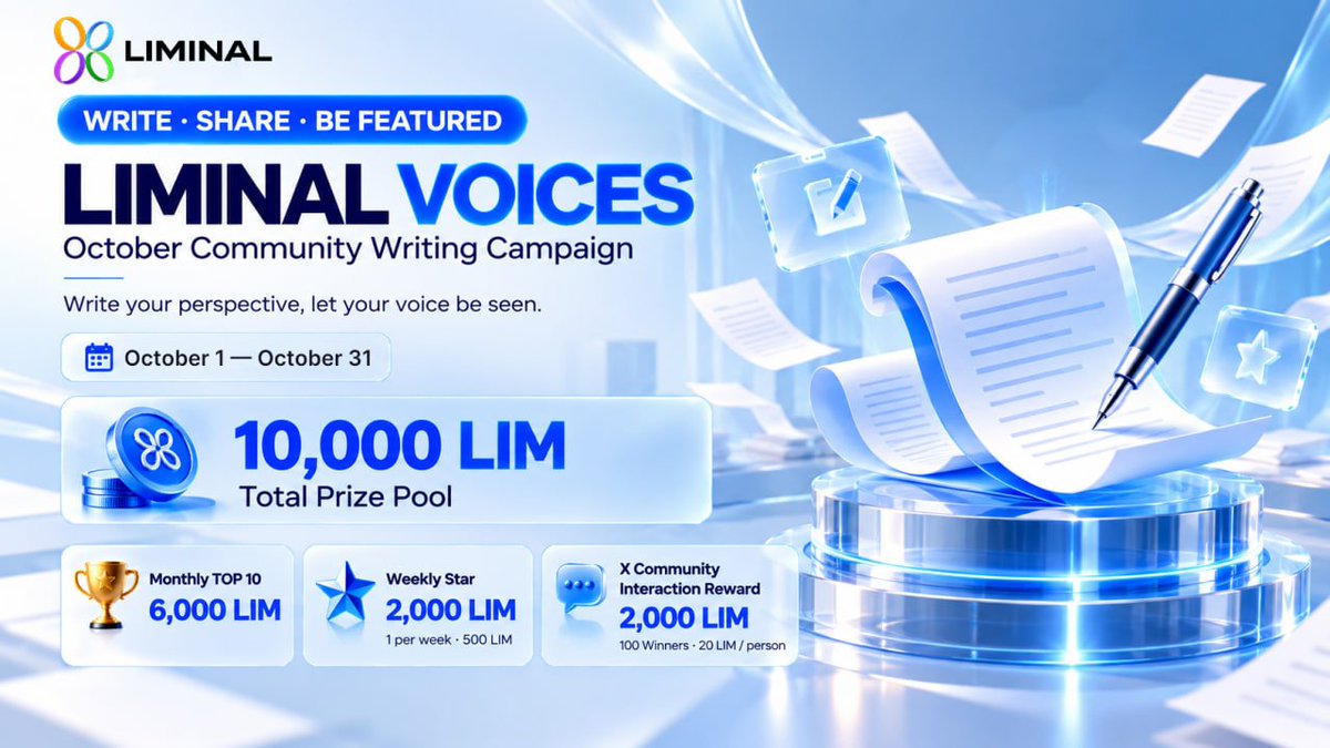 LiminalNet's tweet photo. ✍️ LIMINAL VOICES IS LIVE

Write about Liminal, our products, your experience, ideas, or the future of Web3 privacy.

To Join:
① Follow @LiminalNet
② Like + Repost
③ Comment your EVM address below
🎁 100 Winners × 20 LIM
📅 Oct 1–31

WRITE. SHARE. BE FEATURED. https://t.co/LkM9FDRHWV