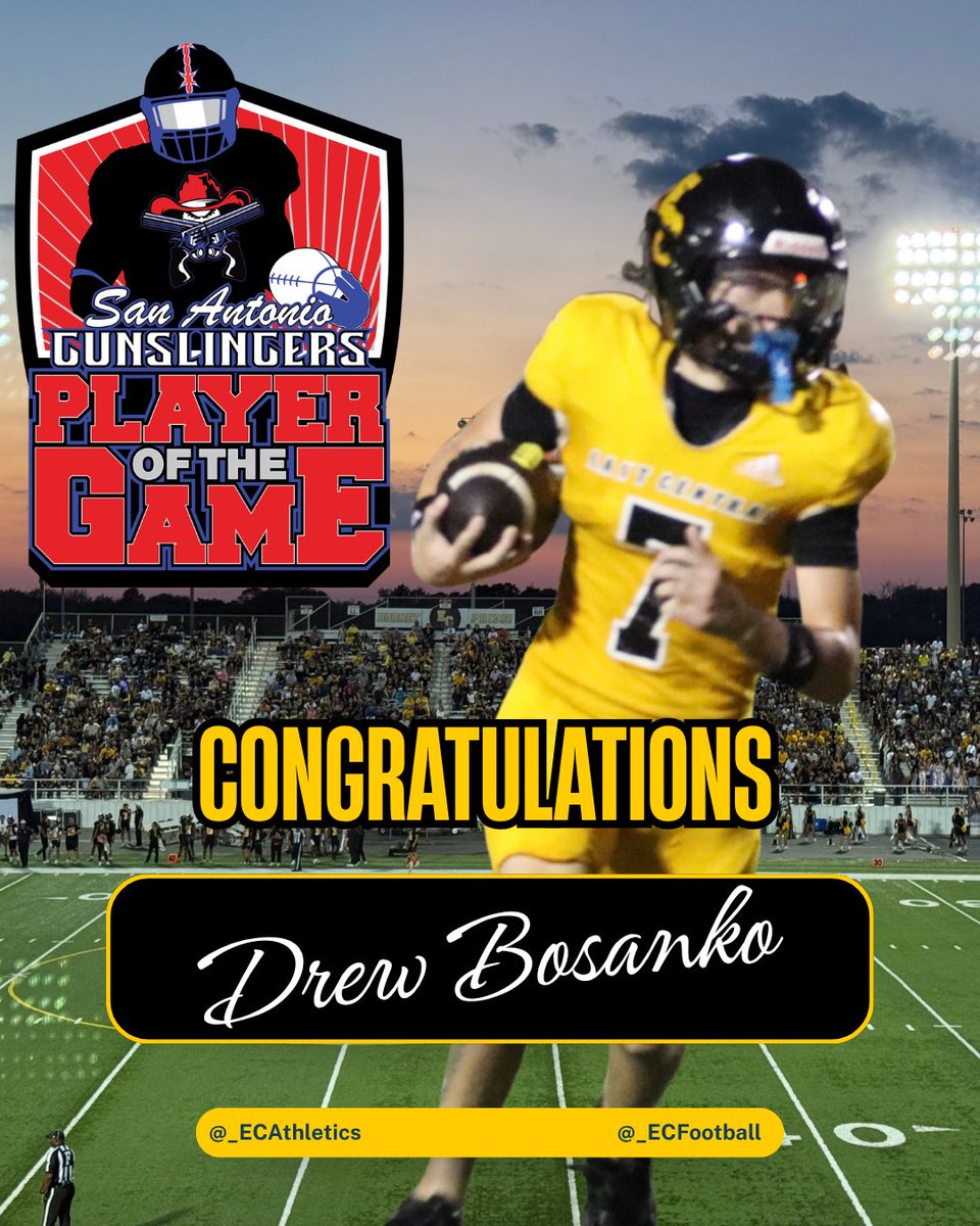 _ECFootball's tweet photo. Big-time recognition for #7 Drew Bosanko, named San Antonio Gunslingers Player of the Game! 🔥

Keep putting in the work. Keep making plays. Keep representing East Central!

FINISH THE FIGHT. 
@ECISDtweets @_ECAthletics @ArriolaSuzette @joehubb74 https://t.co/24aifJ47v4