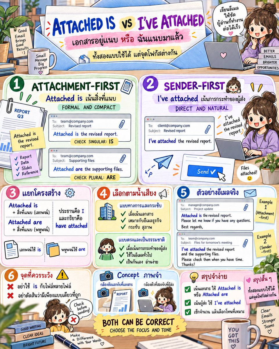 EngnowThailand's tweet photo. Attached is/are เน้นเอกสารแนบ ส่วน I've attached เน้นการกระทำของผู้ส่ง ทั้งคู่ถูกได้ แต่อย่าลืมเช็ก is/are ตามจำนวน #Engnow #BusinessEnglish https://t.co/8ASLNUyqVo