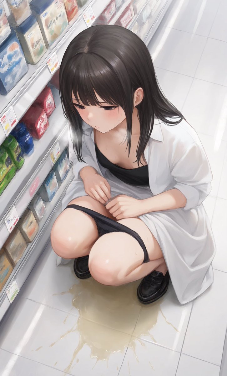 teraoshikko's tweet photo. わりかし最近Twitterで見かけた、某コンビニの店内で床ションする女性が防犯カメラに映った映像は大体こんな雰囲気でした。 https://t.co/pGYTBWFXB4