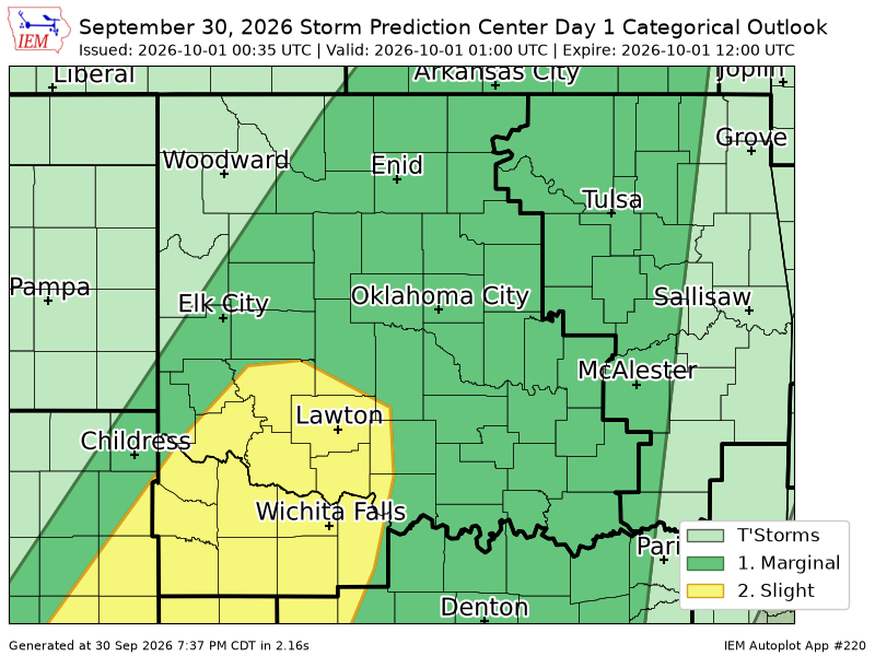 OUWEATHERBOT's tweet photo. #SPC issues Day 1 Slight Convective Risk at Oct 1, 0:35z for OUN https://t.co/SWqlvaH13Z https://t.co/Rkhrc9qQjz
