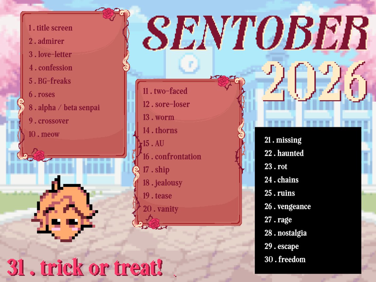 ShaiapoufSimp's tweet photo. senpie themed inktober my wonderful friend @luv444adware and I cooked up! He made the poster and we both came up with the themes. Make sure to ues the #sentober2026 tag, we hope you can participate! good luck senpai nation🐈💪 #senpaifnf #fnf https://t.co/54cMAPL5DI
