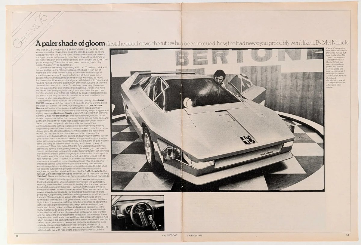 The_Record_Inst's tweet photo. May 1976: CAR's Mel Nichols calls Geneva 'a paler shade of gloom' — then runs a photo of the Bertone Navajo as proof the future was 'rescued.' Grieving words, dreaming pictures.

Dossier: https://t.co/eXR3HMoxaB https://t.co/7aJTxrX7Wt