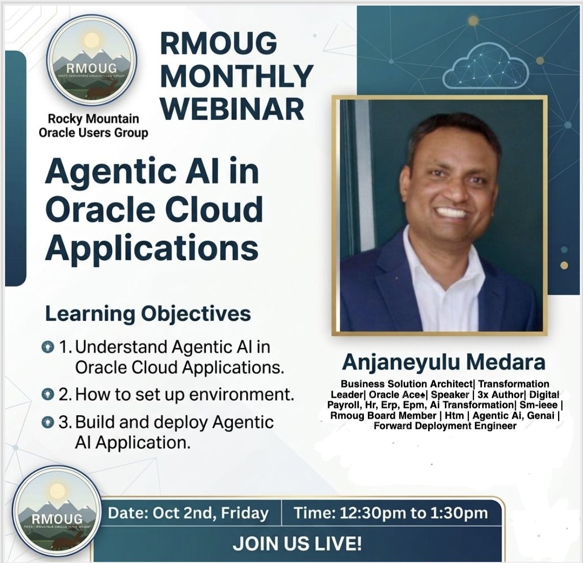 RMOUG_ORG's tweet photo. 🌟 Join Anjaneyulu Medara on Oct 2nd, 12:30-1:30 PM, to explore how agentic AI is transforming Oracle Cloud! Reserve at https://t.co/r1sCLws3v4.! #AgenticAI #OracleCloud #OCI #EnterpriseAI #CloudComputing #RMOUG #ArtificialIntelligence #CloudArchitecture https://t.co/TA9cvZm0Po